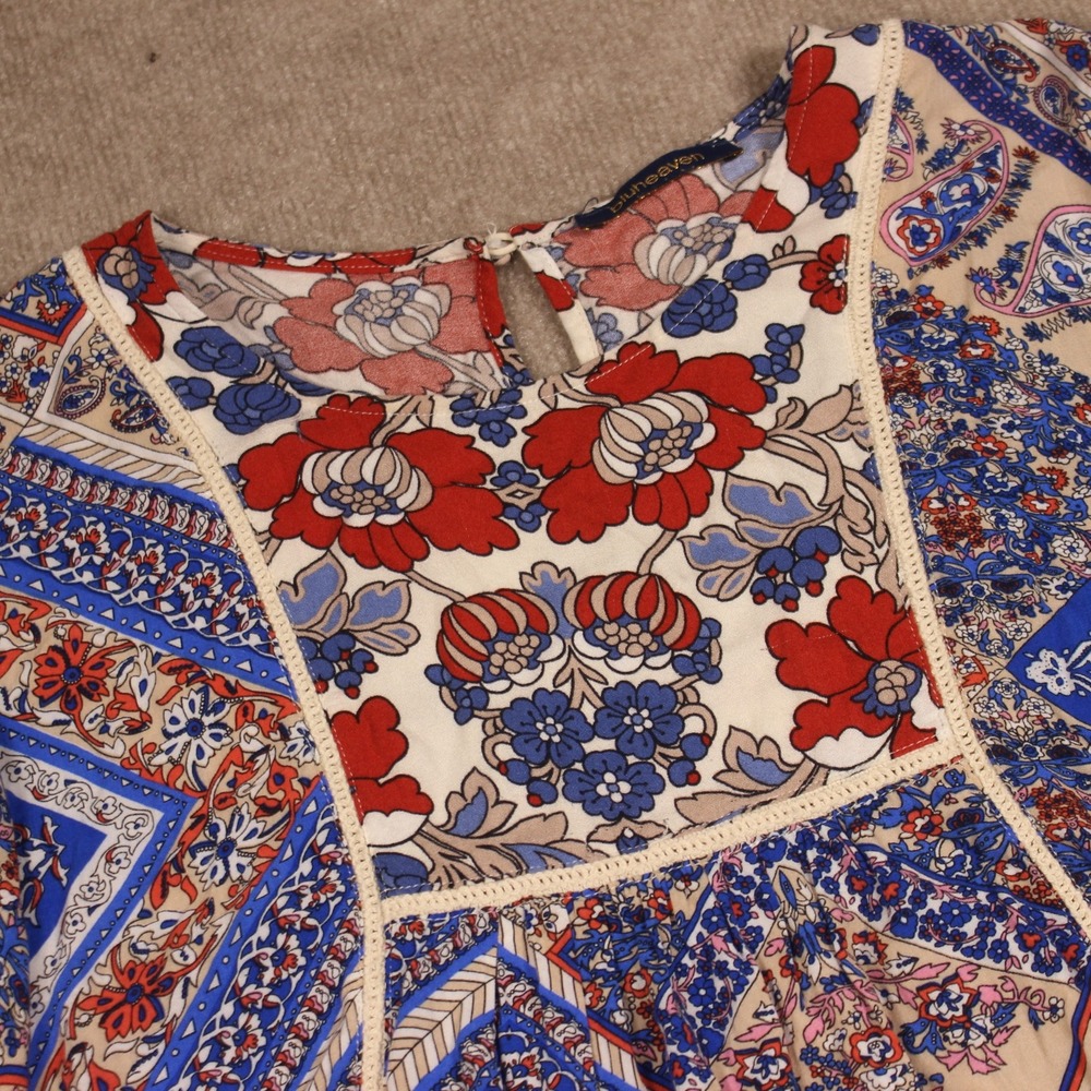Bluheaven Floral Paisley Patchwork Babydoll Mini Dress Red Blue Large N4108